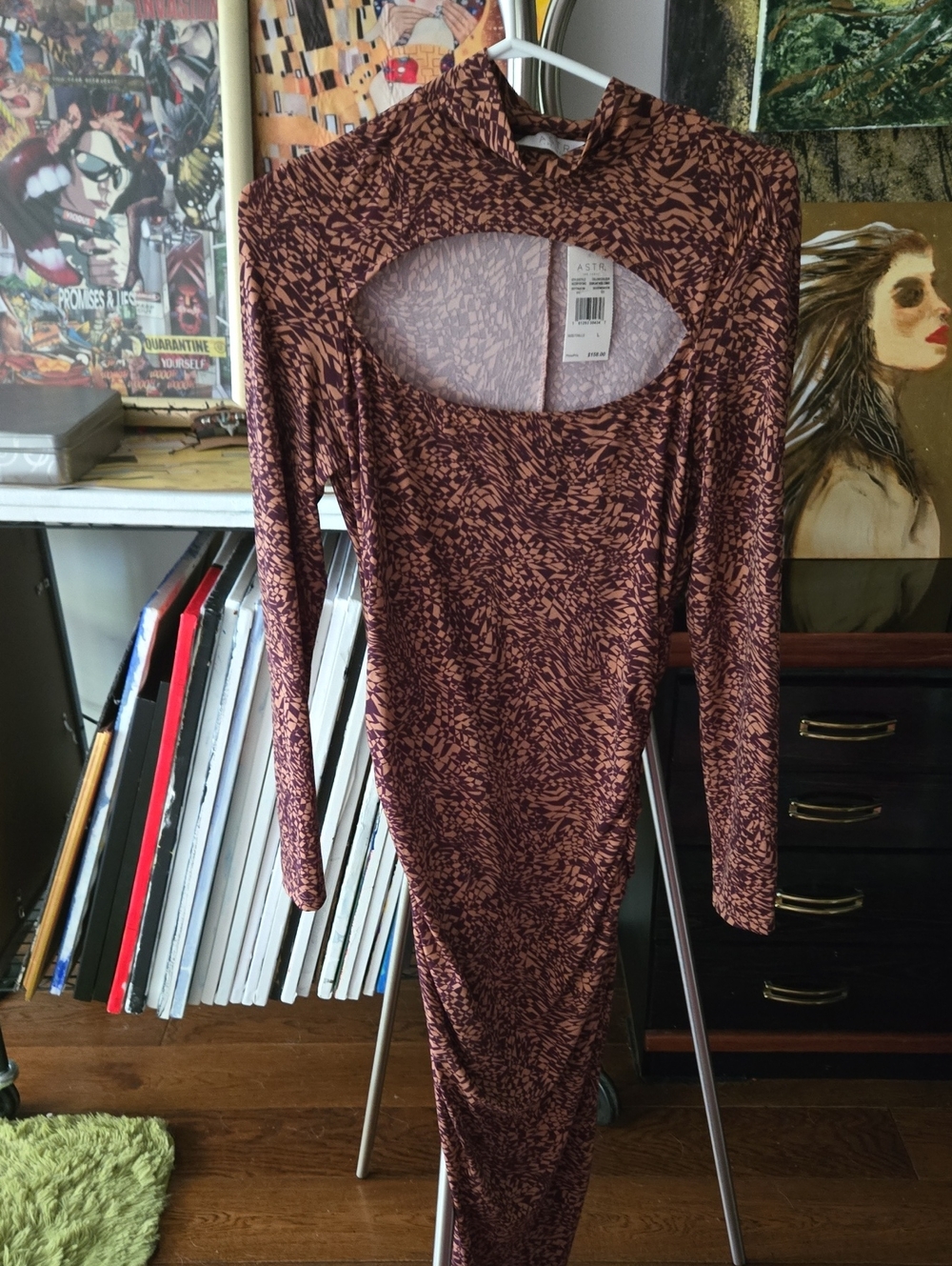 Astr Long Sleeve Cutout Bodycon Dress in Rust and Tan Print